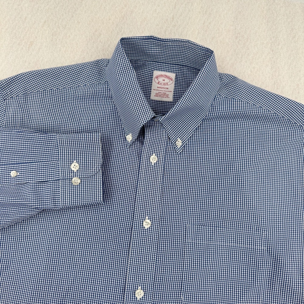 Brooks Brothers Madison Mens M Non-Iron Long Sleeve Button Down Blue Gingham